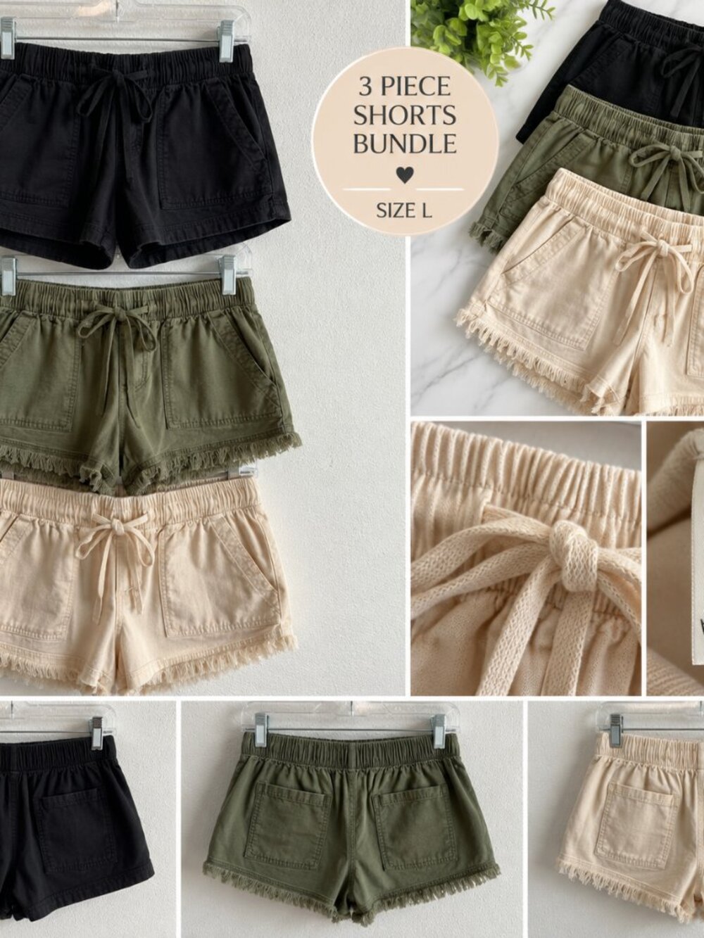 Amazon 3-Piece Women’s Shorts Bundle – Black, Olive & Cream – Size L